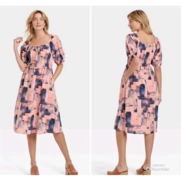Universal Thread Small Navy Blue Pink Peach Dress Cotton Pockets Puff Sleeves - Picture 1 of 15